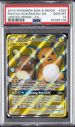 2019 POKEMON SUN & MOON UNIFIED MINDS FULL ART/RAICHU & ALOLAN RAICHU GX PSA 10 - Image 1
