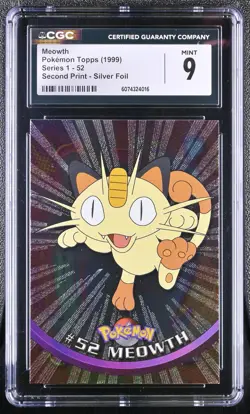 1999 Pokemon Topps Series 1 Second Print Silver Foil #52 Meowth CGC 9 - Image 1