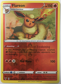POKEMON FLAREON 026/185 VIVID VOLTAGE RARE REVERSE HOLO NEAR MINT - Image 1
