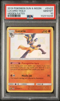 2019 POKEMON SUN & MOON HIDDEN FATES SV22 LUCARIO-HOLO PSA 10 - Image 1