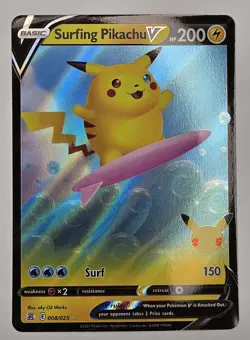 Pokemon TCG Surfing Pikachu v Celebrations Holo Ultra Rare Card 008/025 - Image 1