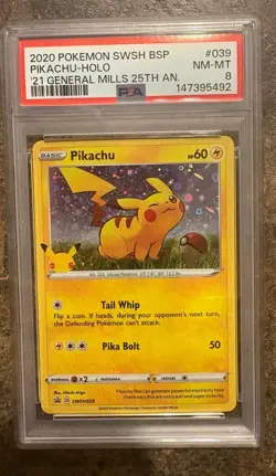2020 Pokemon SWSH Pikachu Holo General Mills 25th Anniversary PSA 8 NM-MT #039 - Image 1