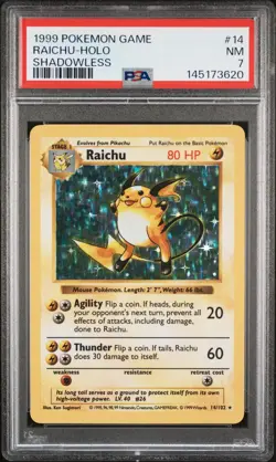1999 POKEMON GAME SHADOWLESS #14 RAICHU-HOLO PSA 7 - Image 1