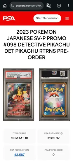 Detective Pikachu Pokemon SV-P Promo Full Art Holo PSA 10 098/SV-P Japanese Card - Image 2