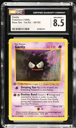 CGC 8.5 NM/MINT+ Gastly 50/102 1st Edition Shadowless Base Set Pokemon Card - Image 1
