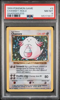 1999 POKEMON GAME SHADOWLESS #3 CHANSEY-HOLO PSA 8 - Image 1