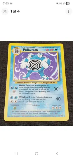 1999 Pokemon Base Shadowless #58/102 Pikachu (Red Cheeks) & Poliwrath Base - Image 3