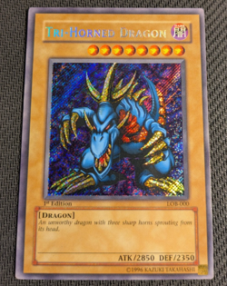 Yugioh Tri-Horned Dragon LOB-000 1st Edition Secret Rare Glossy LP! - Image 1