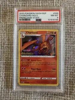 Rare 2020 POKEMON SWSH BLACK STAR PROMO PRERELEASE-STAFF #066 CHARIZARD PSA 8 - Image 1
