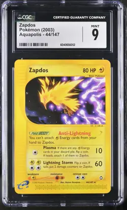 CGC 9 Zapdos 44/147 Aquapolis 2003 Pokemon Card - Image 1