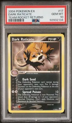 PSA 10 GEM MINT Dark Raticate 17/109 EX Team Rocket Returns 2004 Pokemon Card - Image 1