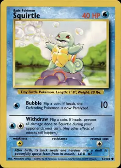 SQUIRTLE 63/102 COMMON BASE SET UNLIMITED POKEMON NM/M - Image 1