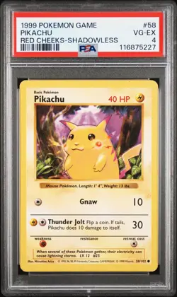PSA 4 Pikachu 58/102 Red Cheeks Shadowless Base Set 1999 Pokemon Card - Image 1