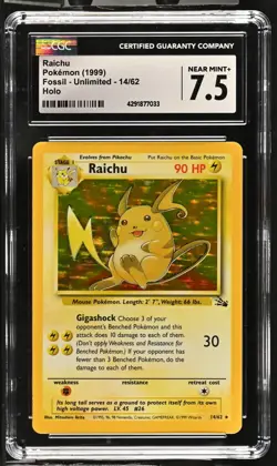 CGC 7.5 Raichu Holo 14/62 Fossil 1999 Pokemon - Image 1