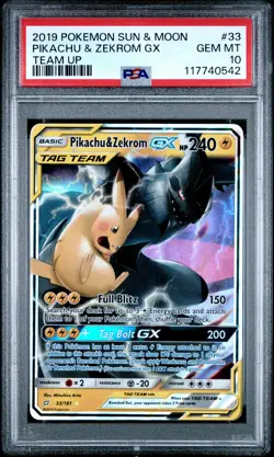 2019 POKEMON SUN & MOON TEAM UP #33 PIKACHU & ZEKROM GX PSA 10 - Image 1
