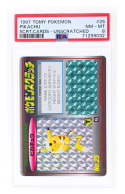 1997 Pokemon Tomy Scratch Cards #25 PIKACHU Prism Holo Unscratched PSA 8 RARE - Image 1