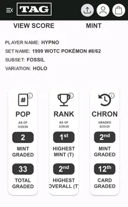 TAG 9 NM HYPNO Holo 1999 Pokemon Fossil Card 8/62 - Image 3