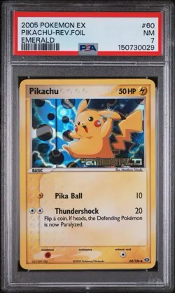 [NEW CERT] 2005 Pokemon Pikachu EX Emerald 60/106 Reverse Holo Common PSA 7 - Image 1