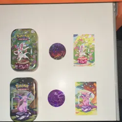 Pokemon Sylveon & Espeon Tins, matching Coins and Art Cards (No Packs, Unsealed) - Image 1