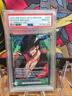 One Piece op14-eb04 The azure sea's seven Dracule Mihawk Alt Art Leader PSA 10 - Image 1