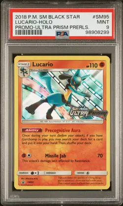 2018 POKEMON SM BLACK STAR PROMO ULTRA PRISM PRERELEASE #SM95 LUCARIO-HOLO PSA 9 - Image 1