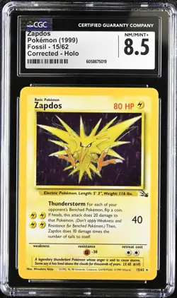 CGC 8.5 Zapdos 1999 Fossil 15/62 Corrected Holo Pokemon Card psa - Image 1