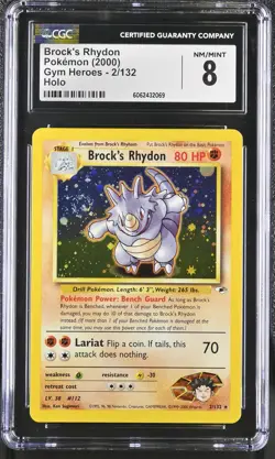 CGC 8 Brock's Rhydon 2000 Gym Heroes 2/132 Holo SWIRL Pokemon Card psa - Image 1