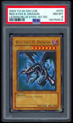 2002 Yugioh RED EYES BLACK DRAGON Ultra Rare Holo 1ST EDITION LOB-070 Card PSA 8 - Image 1