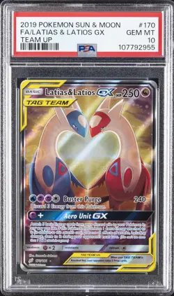 2019 POKEMON SUN & MOON TEAM UP #170 FULL ART/LATIAS & LATIOS GX PSA 10 - Image 1