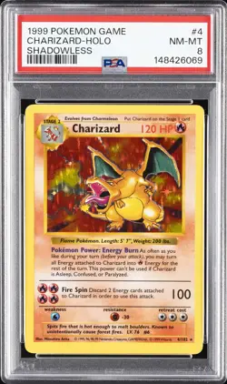1999 POKEMON BASE SET SHADOWLESS #4 CHARIZARD-HOLO PSA 8 - Image 1