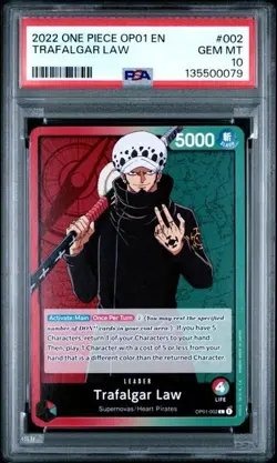 2022 ONE PIECE OP01-ROMANCE DAWN #002 TRAFALGAR LAW PRE ERRATA PSA 10 - Image 1