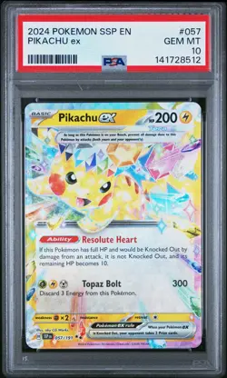 2024 Pokemon Pikachu EX Ssp En Surging Sparks 057/191 PSA 10 GEM MINT - Image 1