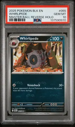 Pokemon Black Bolt Whirlipede Master Ball Reverse Holo 055 PSA 10 - Image 1