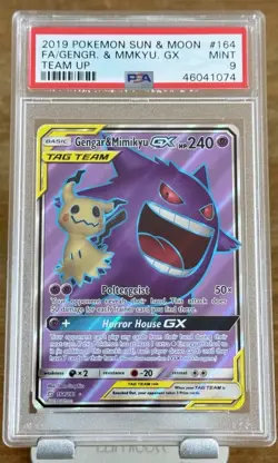 2019 POKEMON SUN & MOON TEAM UP #164 FULL ART/GENGAR & MIMIKYU GX PSA 9 - Image 1