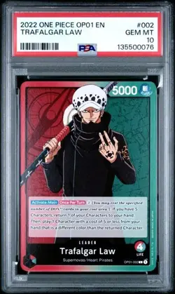 2022 ONE PIECE OP01-ROMANCE DAWN #002 TRAFALGAR LAW PRE ERRATA PSA 10 - Image 1