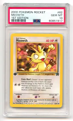 PSA 10 GEM MINT Meowth Team Rocket 1st Edition 2000 Pokemon WOTC 62/82 -17 - Image 1