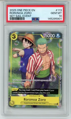 2025 One Piece Set Sail Event Promo Roronoa Zoro OP10-113 PSA 10 - Image 1