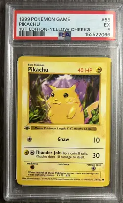 Pokemon TCG Pikachu 58/102 Base Set 1st Edition Shadowless Yellow-Cheek PSA 5 - Image 1