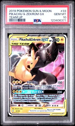PSA 10 PIKACHU & ZEKROM GX 33 TEAM UP SUN & MOON POKEMON - Image 1