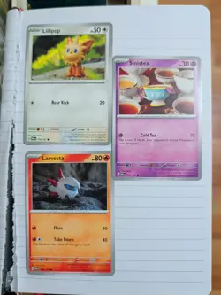 Yuka Morii Pokemon Card Bundle Obsidian Flames Larvesta, Lillipup & Sinistea - Image 1