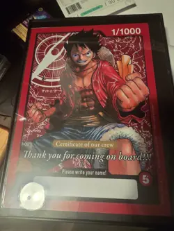 One Piece TCG Monkey.D.Luffy Certificate of our Crew Oversized Jumbo Card - Image 1