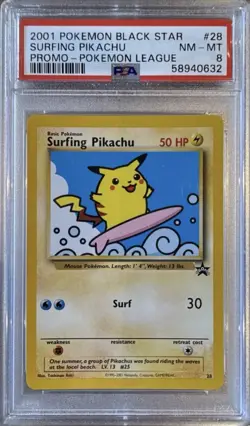 2001 POKEMON PROMO BLACK STAR #28 SURFING PIKACHU PROMO-POKEMON LEAGUE PSA 8 - Image 1