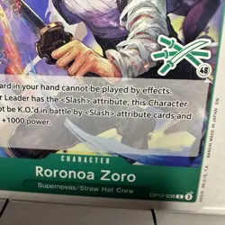 Roronoa Zoro OP12-036 C, GREEN 3 SWORD LOGO 48, one piece card, NIJIMAARC Tag SP - Image 4