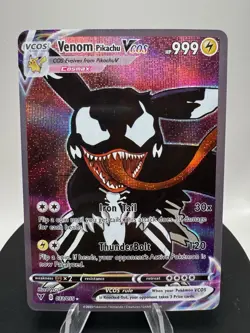 Pokemon TCG Venom as Pikachu VCOS Cosplay Custom Full Art Holographic Card - Image 1