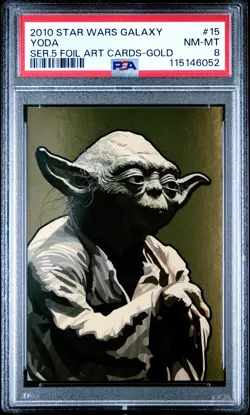 2010 TOPPS STAR WARS GALAXY SER 5 FOIL ART CARDS GOLD #15 YODA 244/770 PSA 8 - Image 1