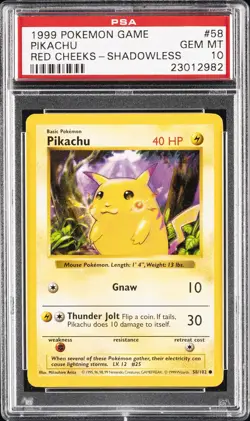 1999 POKEMON BASE SET RED CHEEKS-SHADOWLESS #58 PIKACHU PSA 10 - Image 1