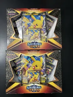 Pokemon Shining Fates Pikachu V Collection Factory Sealed Box Lot of 2 In Hand - Image 1