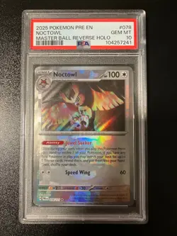 2025 POKEMON PRE EN-PRISMATIC EVOLUTIONS MASTER BALL REVERSE HOLO NOCTOWL PSA 10 - Image 1