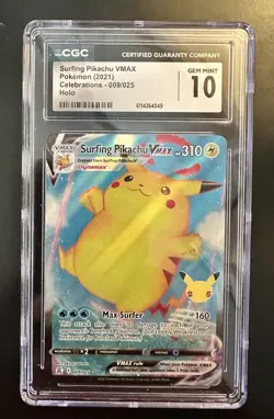 2021 Pokemon SWSH Celebrations Surfing Pikachu VMax Holo 009/025 CGC 10 Gem Mint - Image 1