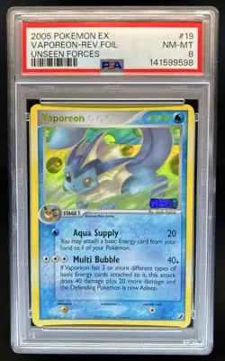 2005 Pokemon EX Unseen Forces Vaporeon Reverse Holo #19/115 PSA 8 - Image 1